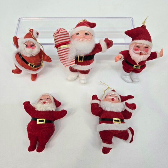 Vintage Flocked Dancing Santa Claus Ornaments Mixed Lot of 5 Plastic Faces